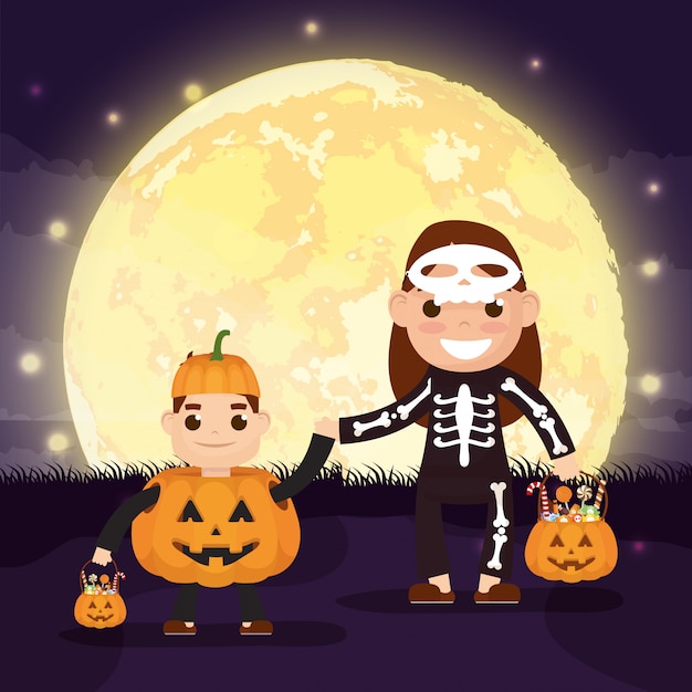 Free vector halloween scene with pumpkins and kid disguised katrina