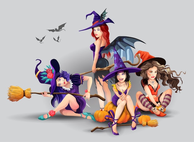 美しい魔女がセットになったハロウィーン さまざまなかわいい美しい魔女のコレクション 美しい神秘的な女の子のグループ 漫画スタイルの孤立したイラスト プレミアムベクター