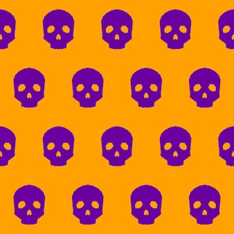 Halloween skull seamless pattern background. abstract halloween purple skulls isolated on orange cover. handmade geometric halloween skull pattern for design card, invitation, menu, album etc.