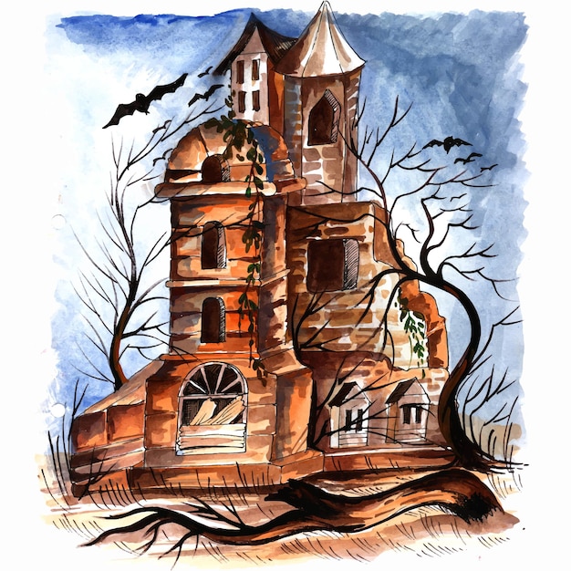 Бесплатное векторное изображение Хэллоуин жуткий дом акварель фон