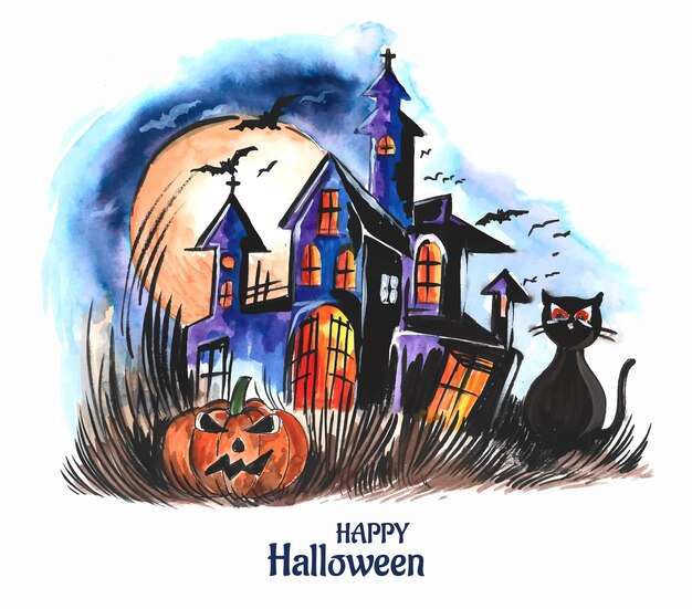 Halloween spooky house watercolor pumpkins background