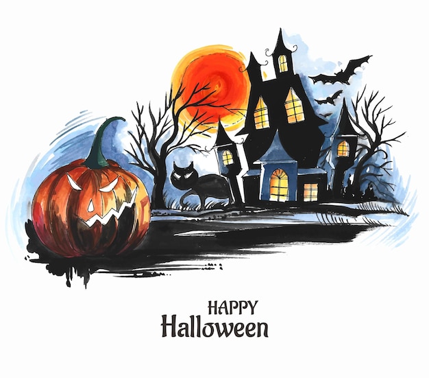 Halloween spooky house watercolor pumpkins background