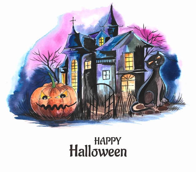 Halloween spooky house watercolor pumpkins background