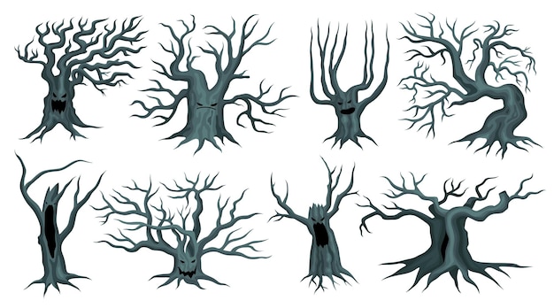 Vettore gratuito alberi spettrali di halloween con set piatto di rami spogli isolati su sfondo bianco illustrazione vettoriale