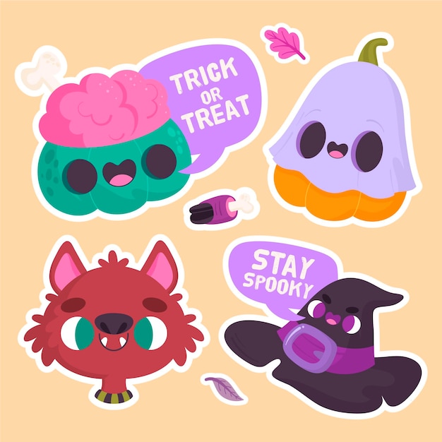 Free vector halloween stickers with brain and hat