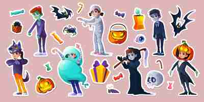 Free vector halloween stickers with people in scary costumes