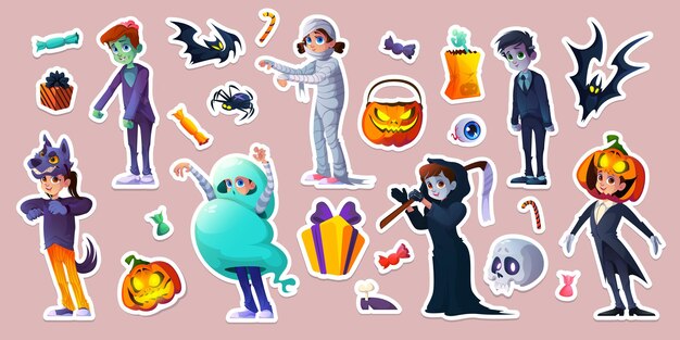 Halloween stickers with people in scary costumes