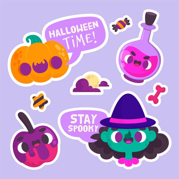 Halloween stickers with pumpkin and witch