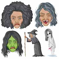 Бесплатное векторное изображение Тема хэллоуина с ведьмами и зомби