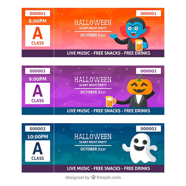 Vettore gratuito biglietti di halloween con personaggi divertenti