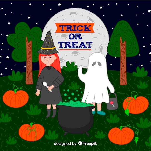 Halloween trick or treat background with witch and ghost
