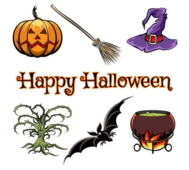 Halloween vector graphics elements with pumpkin, bat and witch hat