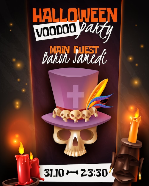 Vettore gratuito manifesto dell'invito di annuncio del partito di voodoo di halloween con il cranio nell'illustrazione della candela della maschera del cappello