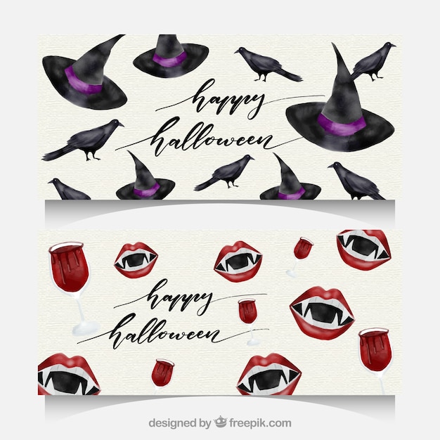 Free vector halloween watercolor banners witch hat and fangs