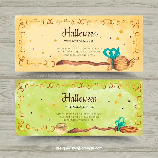 Halloween watercolor banners with brooms