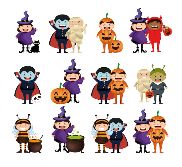 Vettore gratuito halloween con set di bambini in costume