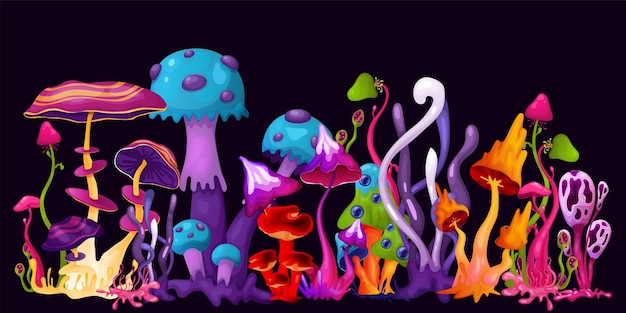 Illustrazione orizzontale di allucinazione con funghi psichedelici magici multicolori luminosi all'illustrazione nera di vettore del fumetto del fondo