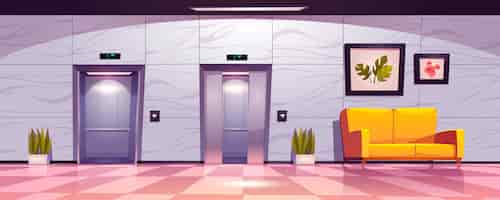 Бесплатное векторное изображение Прихожая с лифтовыми дверями, интерьер холла пустой с диваном, приоткрытые и открытые лифтовые ворота.