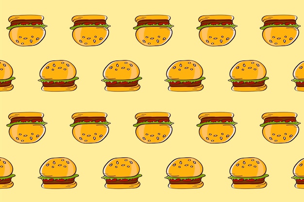 Free vector hamburger doodle seamless patterned yellow background vector