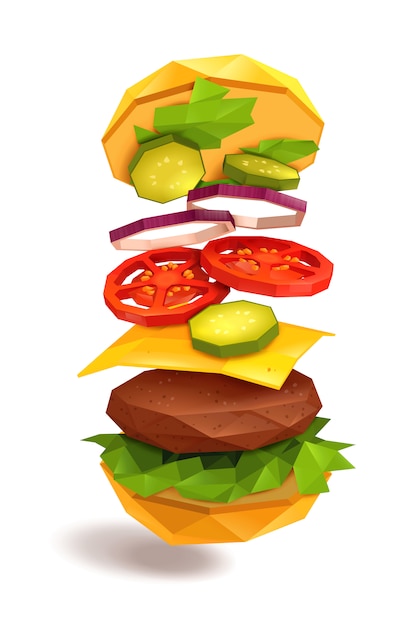 Free vector hamburger flying ingredients