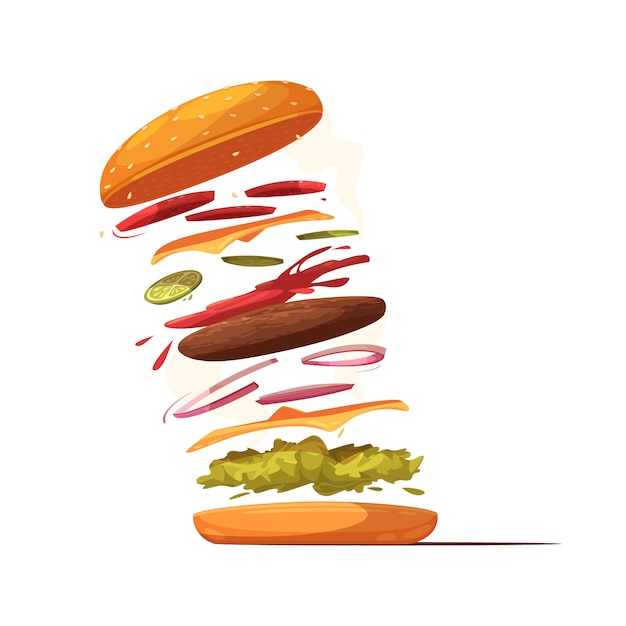 Hamburger ingredients design with beef cutlet cheese sliced vegetables salad bun with sesame and ketchup 