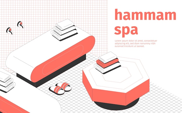 Hammam spa and massage room interior slippers and towels 3d isometric composition