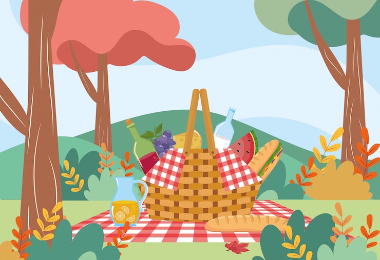 Free Vector hamper with grapes and wine bottle with watermelon