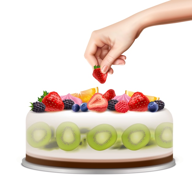 Free vector hand decorating birthday or wedding cake with fresh fruits berries closeup side view realistic image illustration