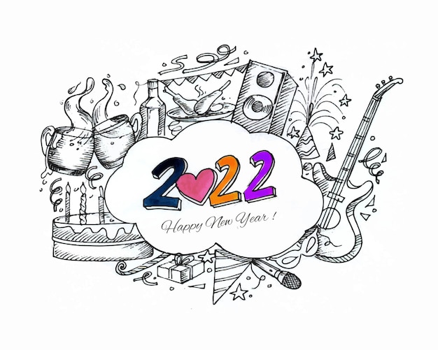 Hand draw artistic sketch 2022 new year card background