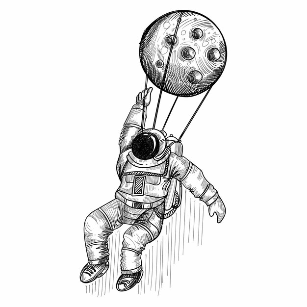 Hand draw astronaut cosmonaut in a space sketch design