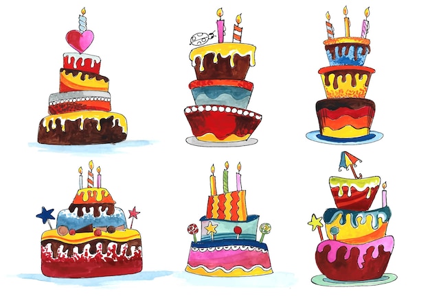 Vettore gratuito disegnare a mano torte di compleanno impostare disegno ad acquerello