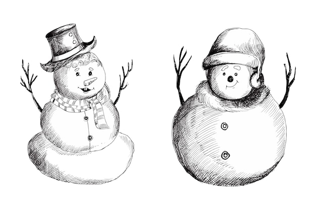 Free vector hand draw christmas snowmans sketch on white background