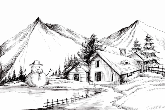 無料ベクター 手は、寒さと霜のクリスマス ツリーのスケッチの背景のクリスマス冬の風景を描く