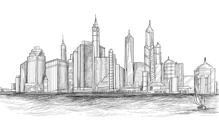 Free Vector hand draw city skyline sketch