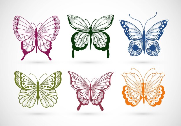 Hand draw collection of pretty colorful butterflies design