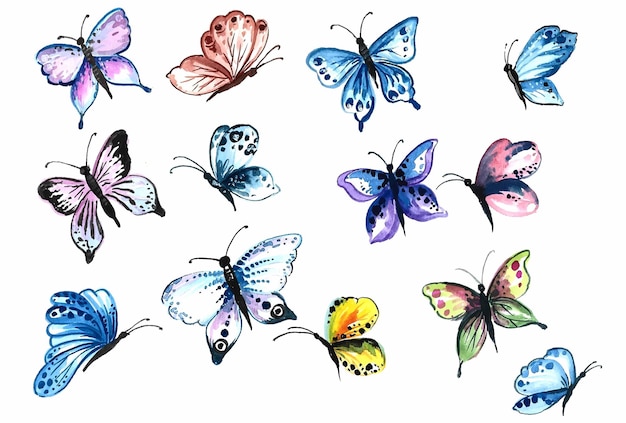 かなりカラフルな蝶の水彩デザインの手描きコレクション