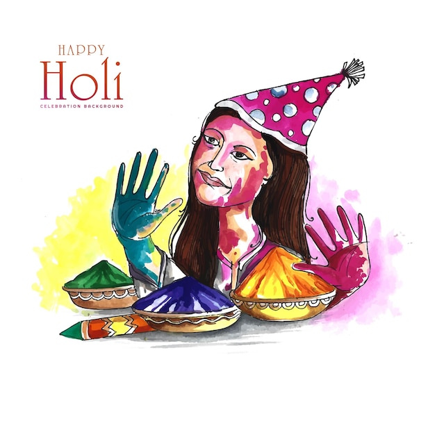 Ручной рисунок красочного гулала в индийской молодой девушке, показывающей празднование холи