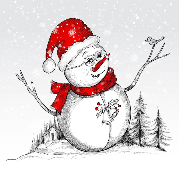 Рука рисовать милые веселые снеговики эскиз веселая рождественская открытка фон