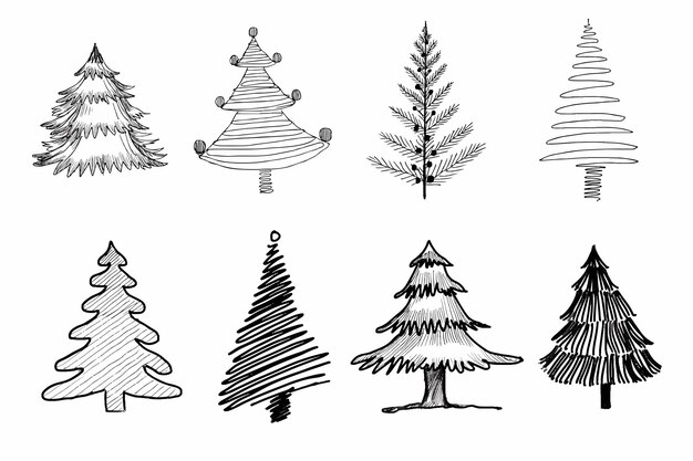 Ручной рисунок декоративных элементов рождественской елки эскиз набора дизайна