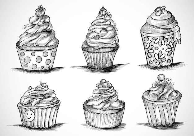 Free vector hand draw decorative cup cakes set sketch design