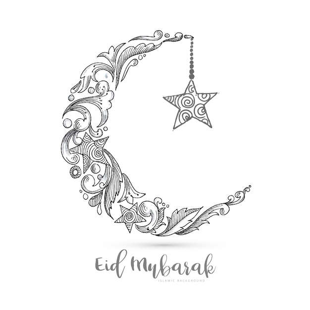 Vettore gratuito disegnare a mano decorativo eid mubarak con disegno della carta di schizzo della luna