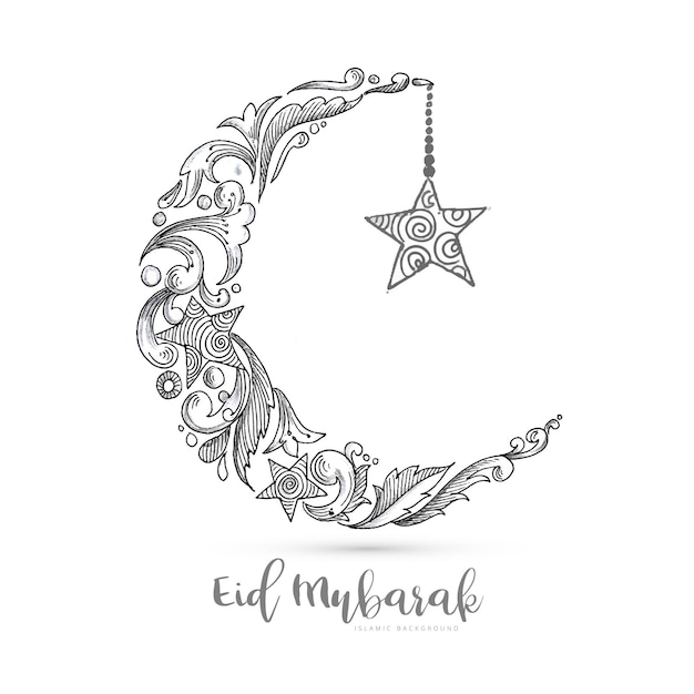 Hand draw decorative eid mubarak with moon sketch card design