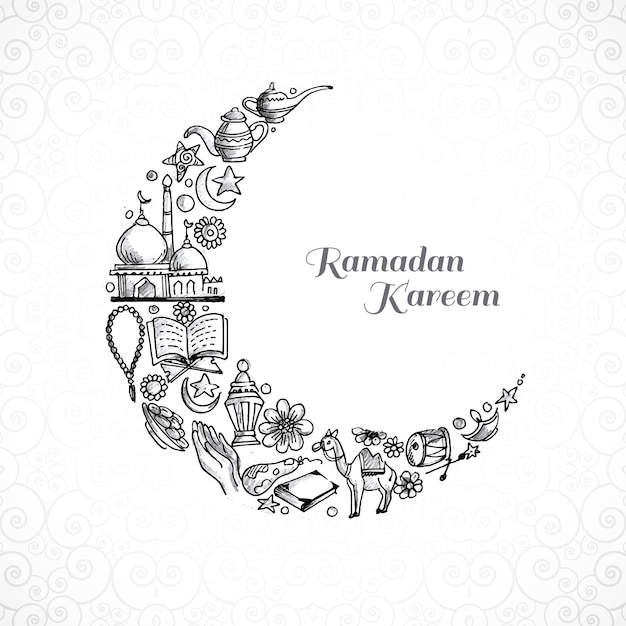 Ручной рисунок декоративный дизайн карты рамадан карим луна эскиз карты