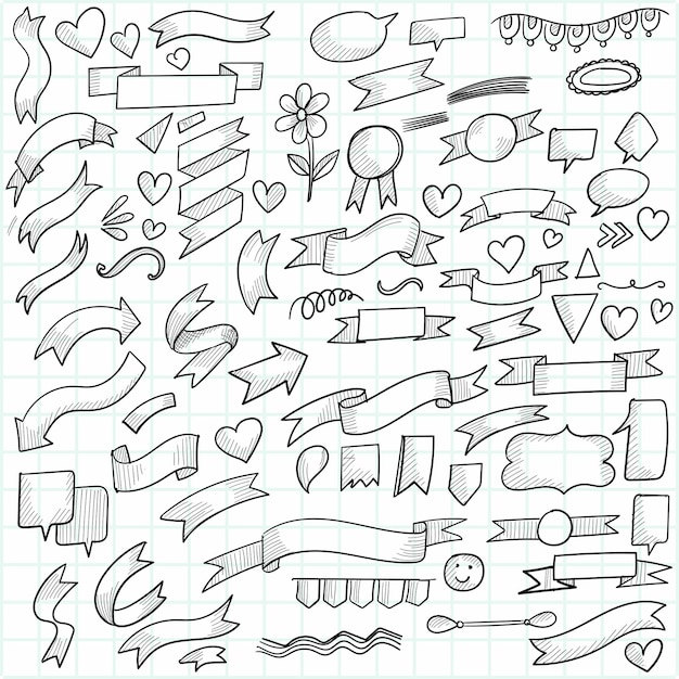Бесплатное векторное изображение Рука рисовать каракули стрелка и лента эскиз набор дизайн