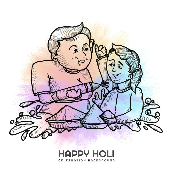 Free Vector hand draw fun characters sketch celebrate colorful holi background