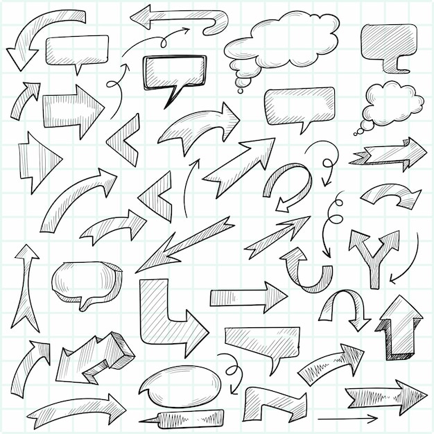 Бесплатное векторное изображение Рука рисовать геометрические каракули стрелка и речи пузырь набор