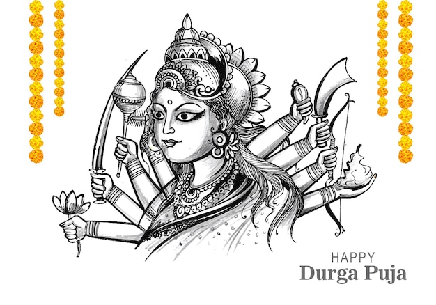 Vettore gratuito disegnare a mano felice durga puja festival indiano vacanza schizzo sfondo