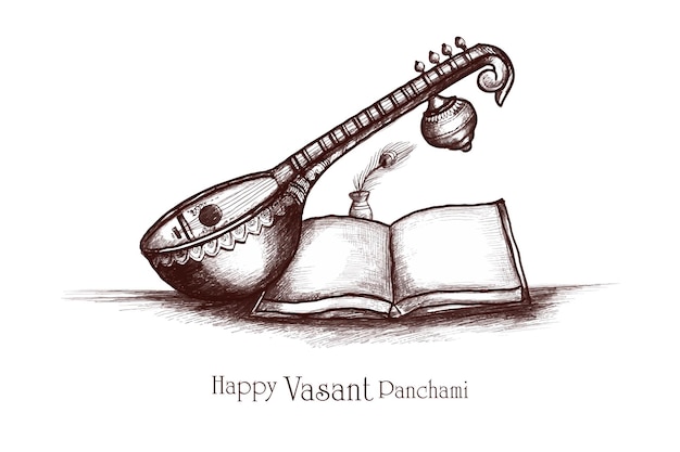 무료 벡터 손 그리기 행복 vasant panchami 스케치 인도 축제 카드 배경