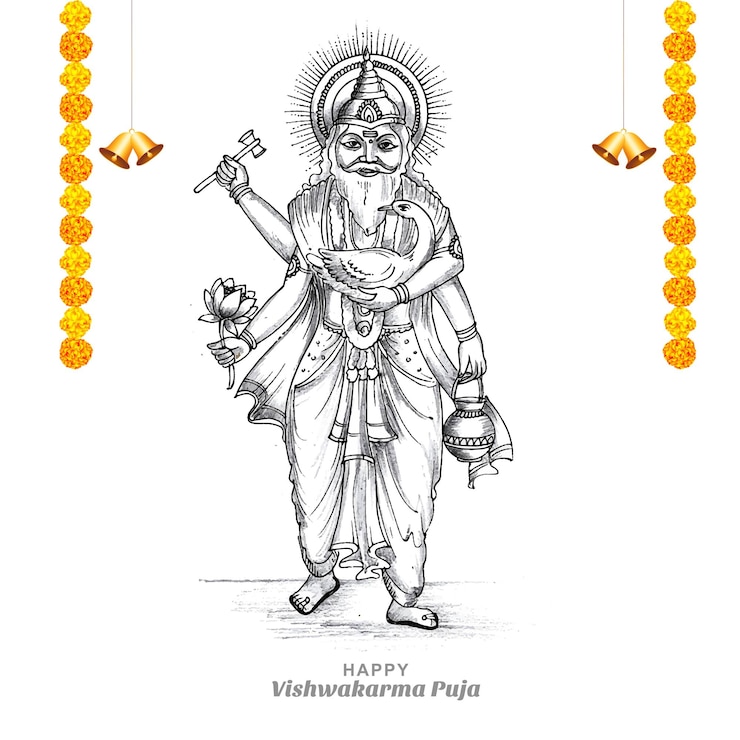 मुफ़्त वेक्टर hand draw hindu god vishwakarma sketch and vishwakarma puja celebration design