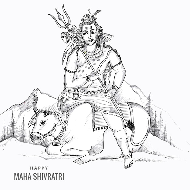 Free vector hand draw hindu lord shiva sketch for indian god maha shivratri background